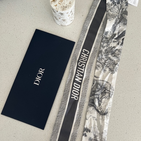 Dior Accessories - Dior Gray and White Silk Twilly Scarf  NWOT